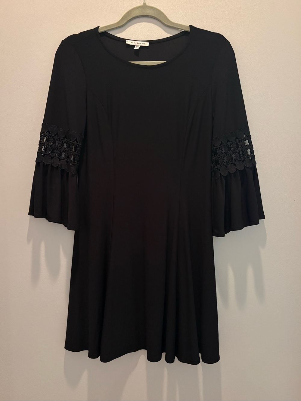 Bell-Sleeve Mini Dress with Crochet Trim - Black